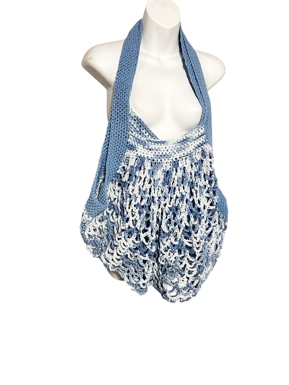 Hand-Knit Blue and White Market Tote Bag